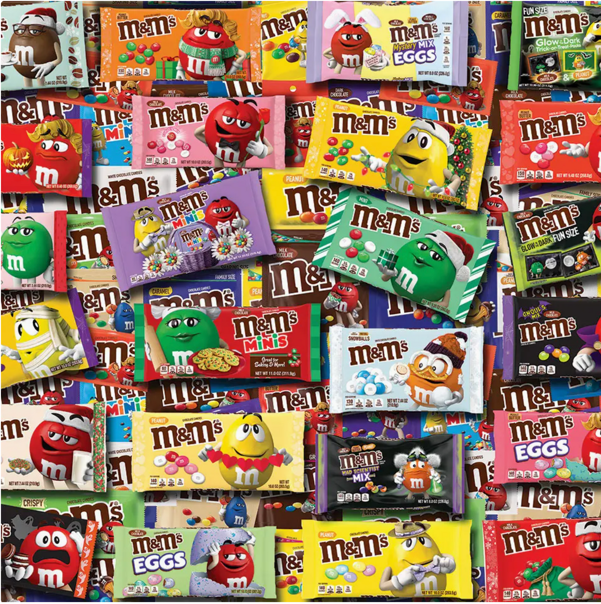 Collage of various M&M's candy packages in different colors and designs.