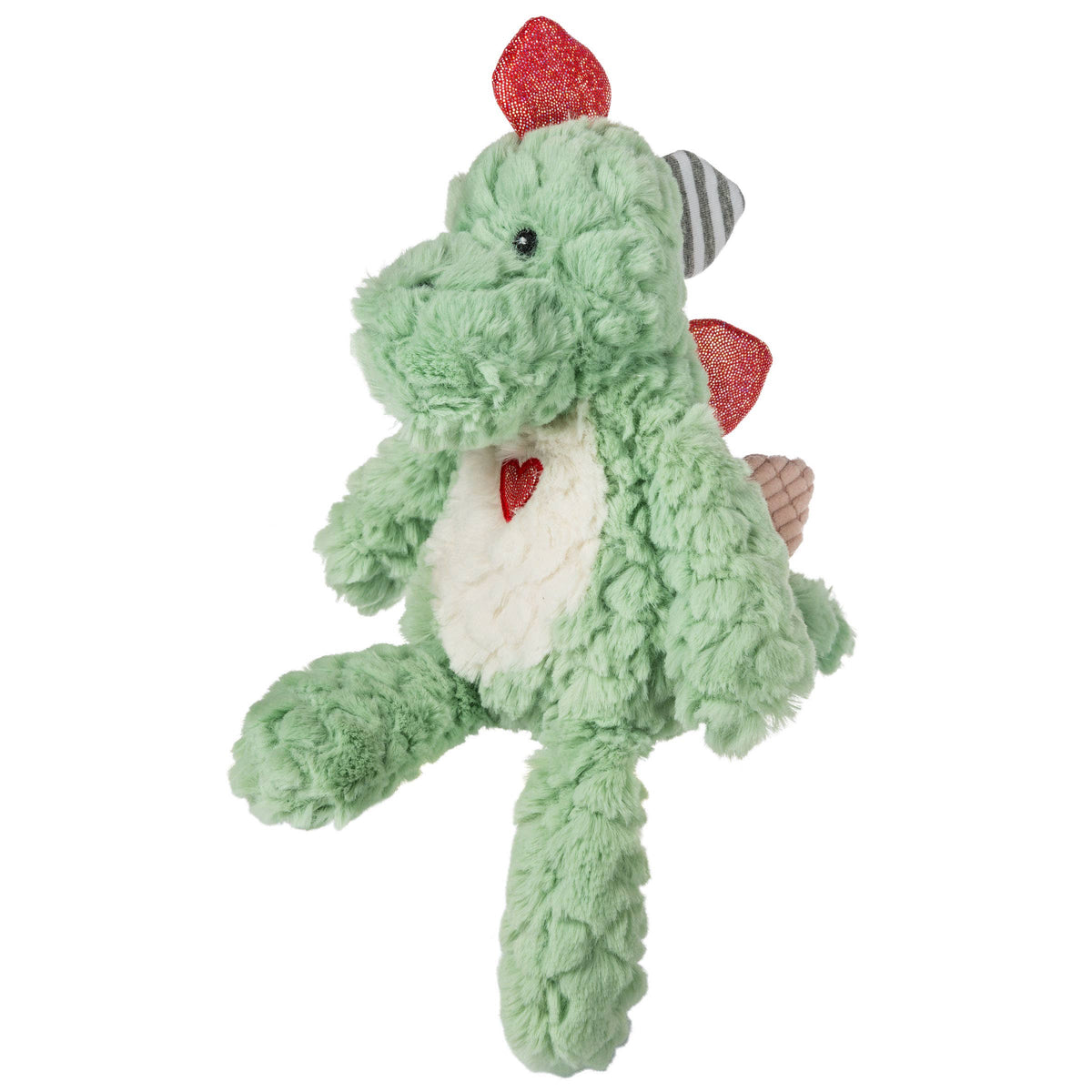 Green plush dragon toy with red accents on a white background