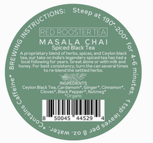 Load image into Gallery viewer, Round label for Red Rooster Tea Masala Chai spiced black tea with brewing instructions and ingredients.

Details
