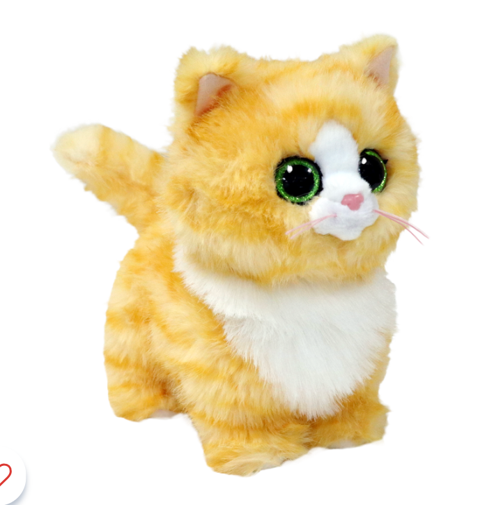 A plush orange tabby kitten toy with a white chest and face, large shiny green eyes, and pink nose and whiskers, shown on a plain white background.
