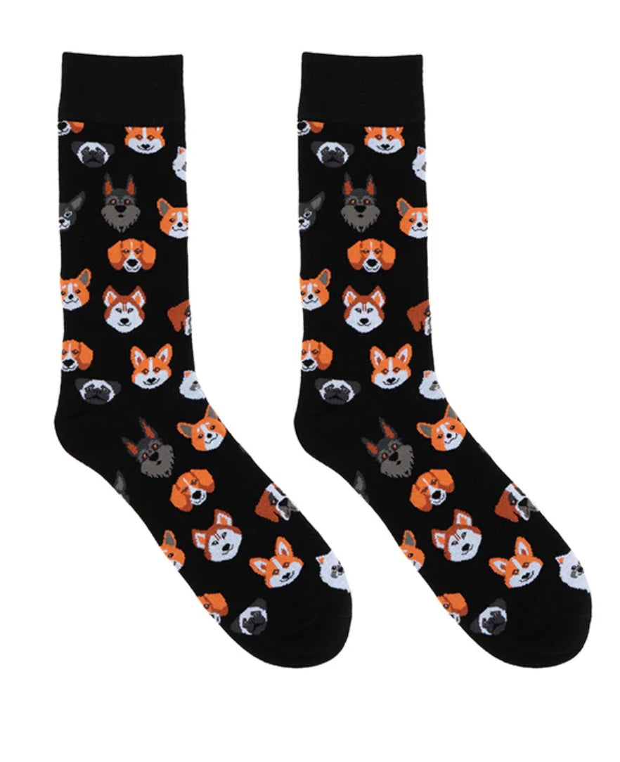 Black socks with dog pattern on a white background