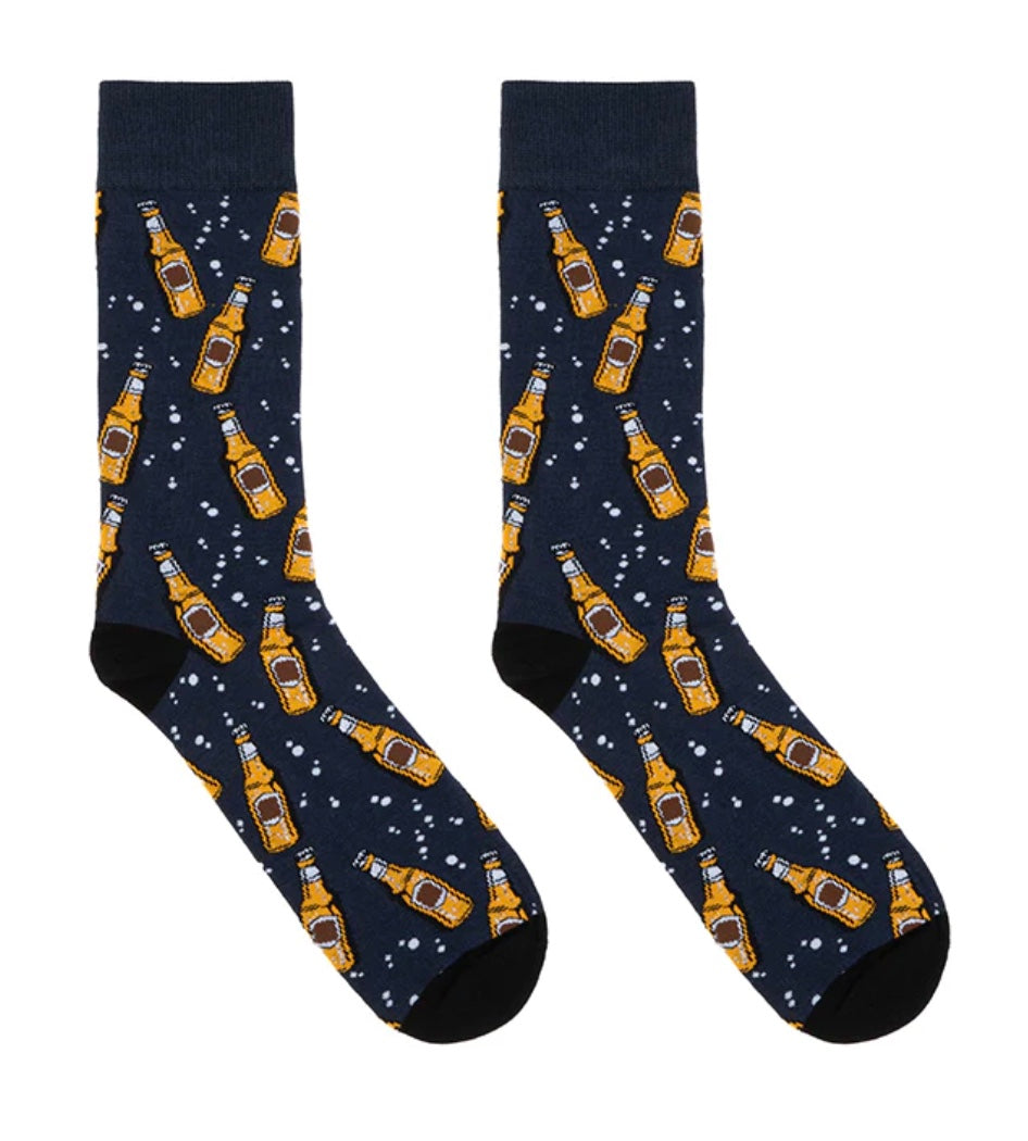 Pair of navy mens socks with beer bottle design