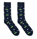 Pair of dark blue socks with green and white pattern on a white background