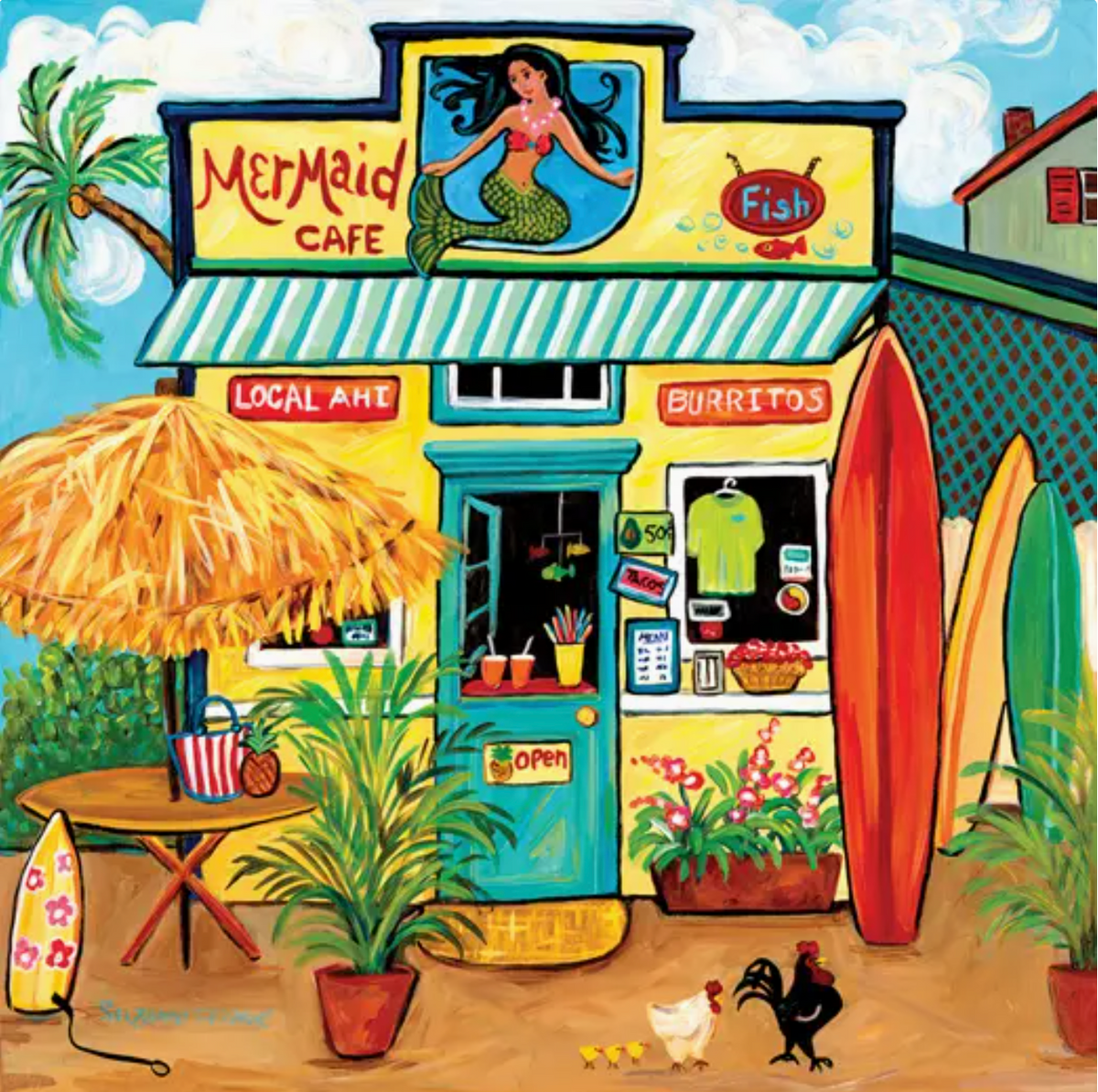 Colorful illustration of a beachside cafe named 'Mermaid Cafe' with a mermaid on the sign.