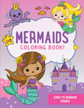 Coloring book cover with mermaids, an octopus, and a castle on a pink background