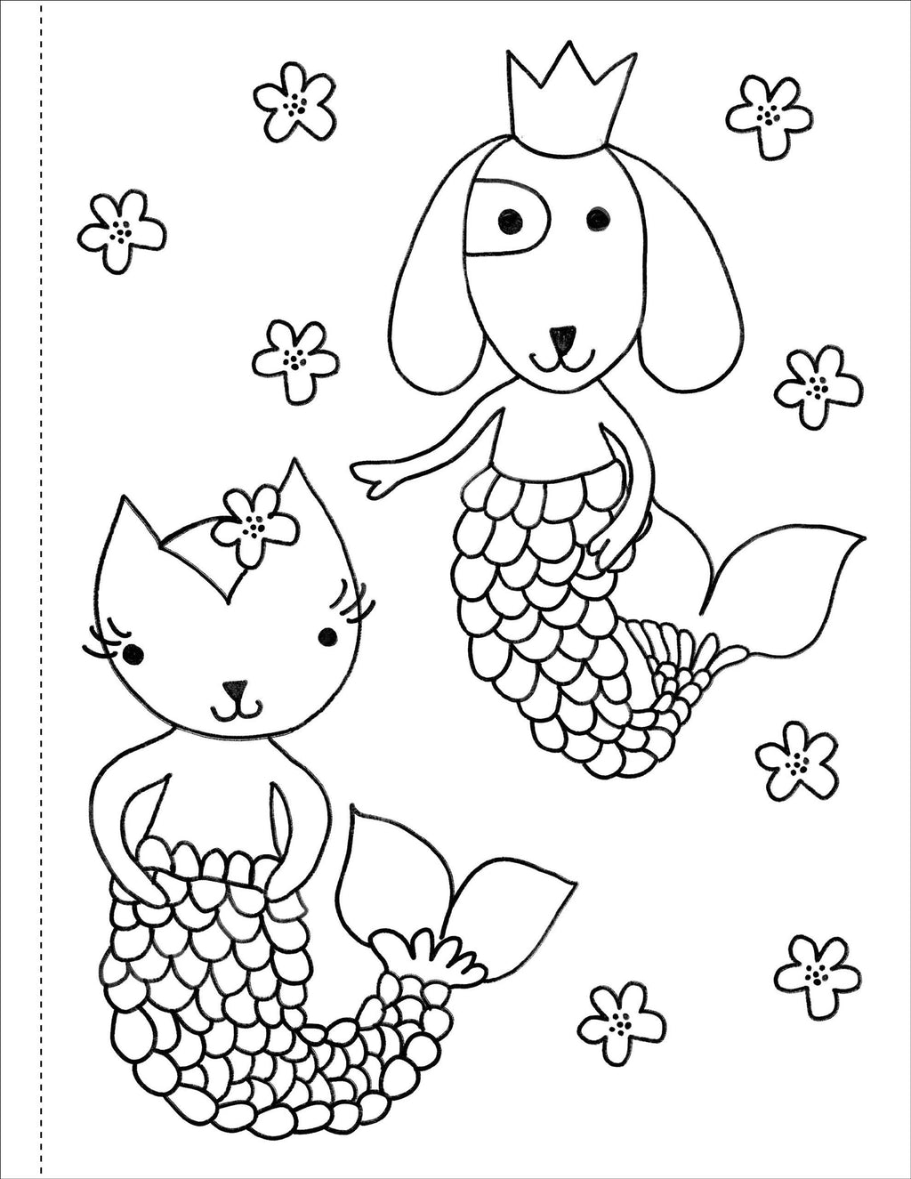 Coloring page with a dog and cat mermaid and flowers on a white background