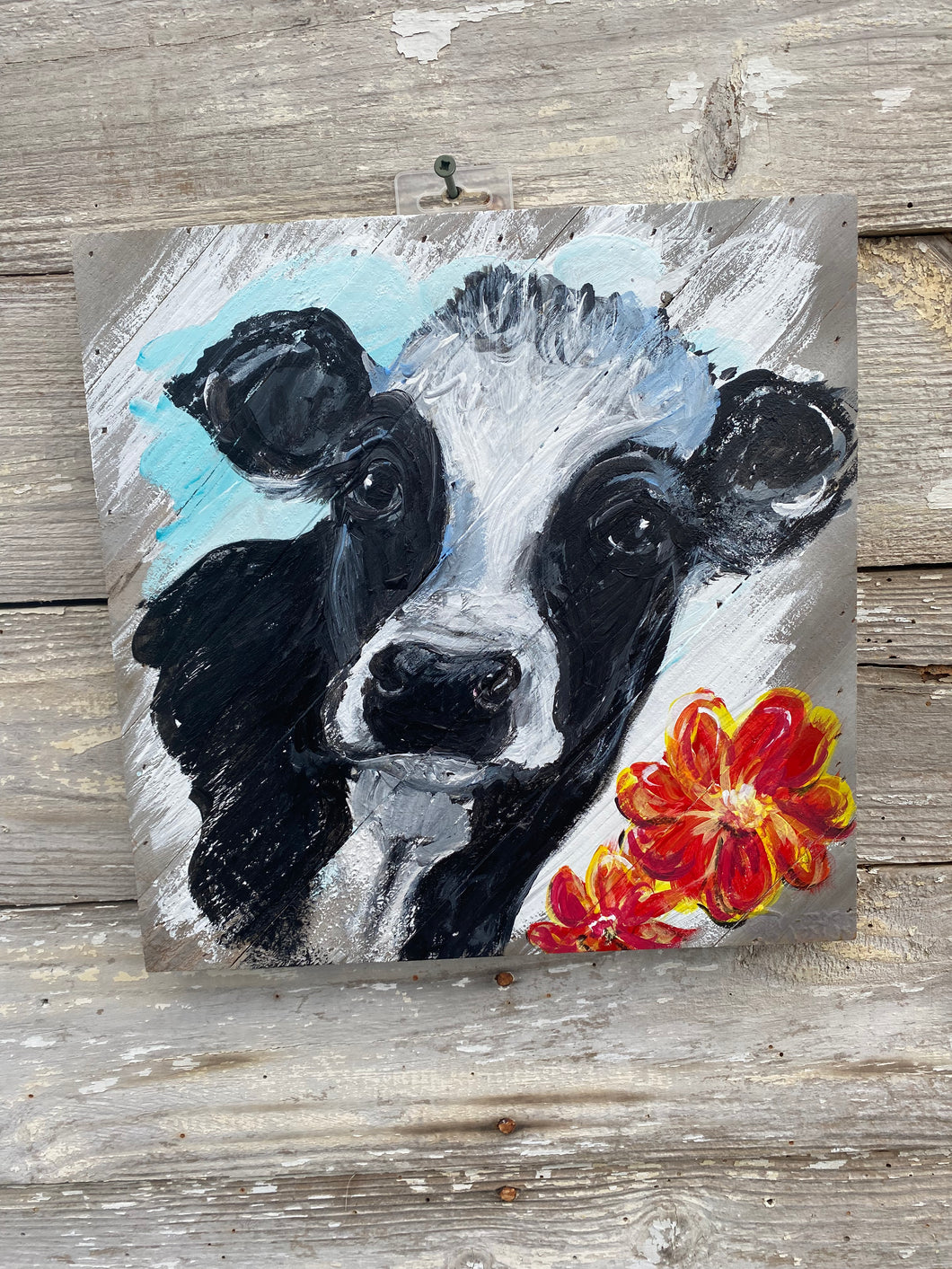 Black and White Cow with Red Flowers - Hand-painted Wooden Square Pallet Wood Wall Decor