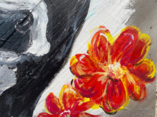 Load image into Gallery viewer, Black and White Cow with Red Flowers - Hand-painted Wooden Square Pallet Wood Wall Decor
