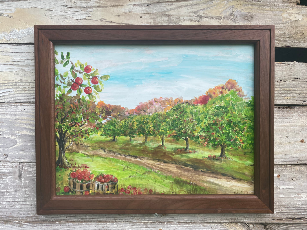 Apple Orchard - Original Framed Painting, Acrylic on Reclaimed Wood