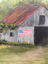 Load image into Gallery viewer, Barn With Flag Framed Original Painting on Reclaimed Wood
