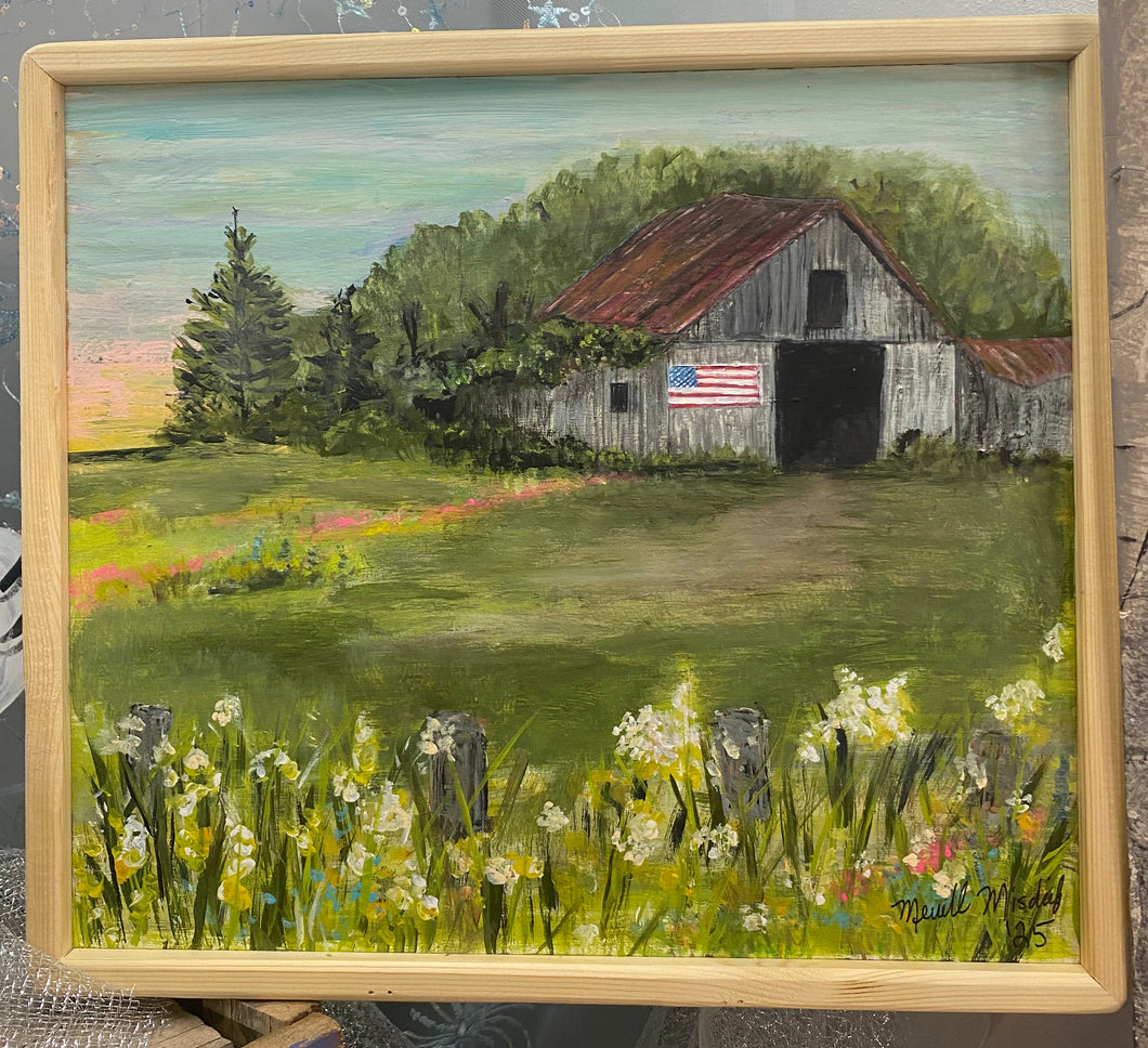Barn With Flag Framed Original Painting on Reclaimed Wood