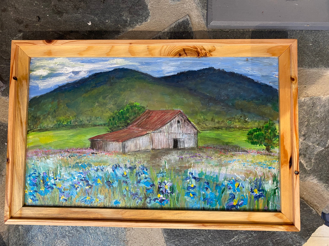 Barn with Wildflowers  reclaimed pallet wood painting