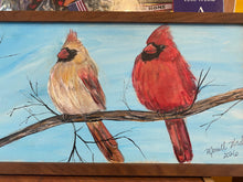 Load image into Gallery viewer, Painting of two cardinals on a branch with a blue sky background.
