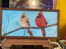 Load image into Gallery viewer, Framed painting of two cardinals on a branch with a wooden frame.

