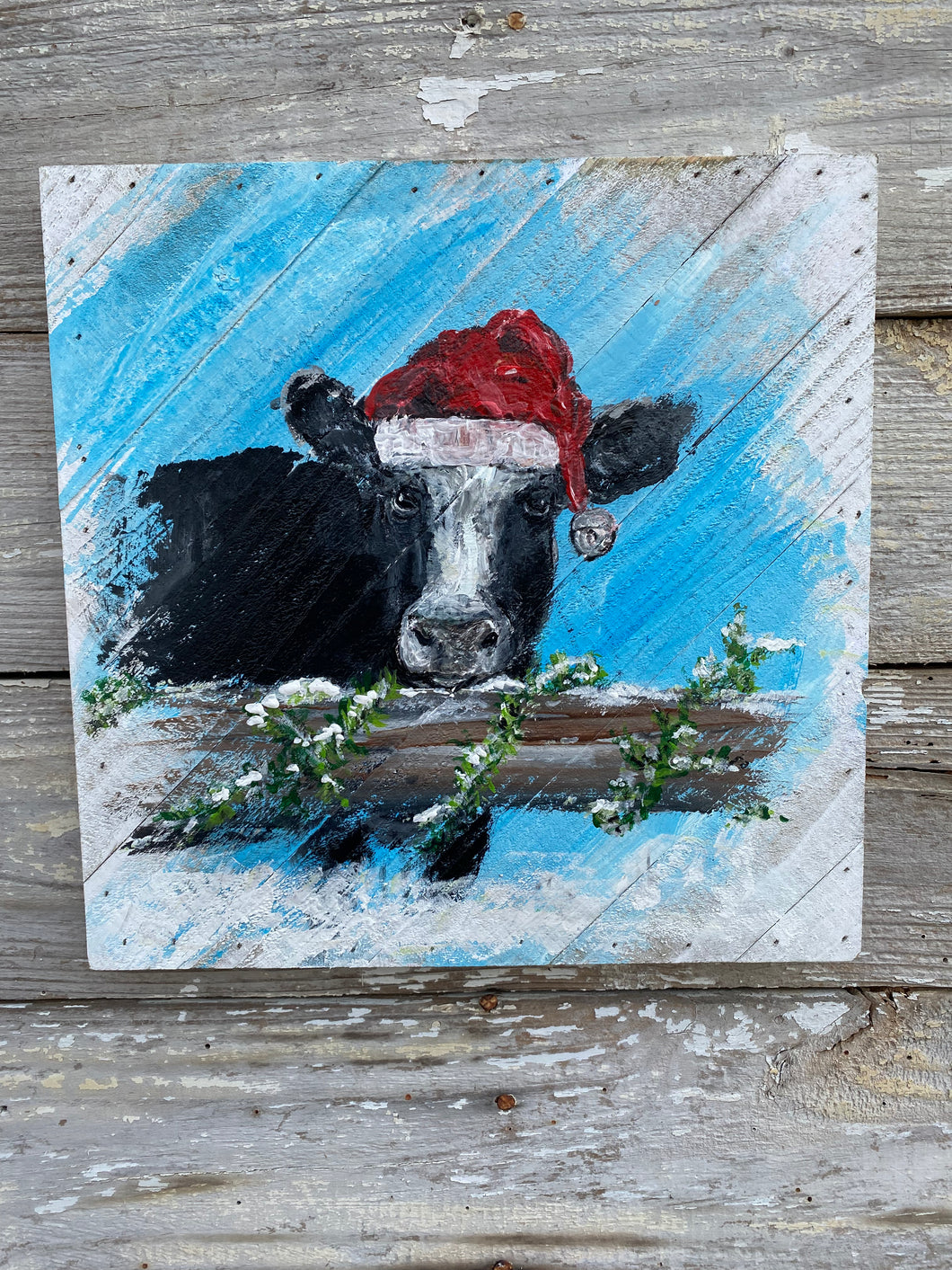 Christmas Cow 2023 #1 - Hand-painted Wooden Square Pallet Wood Wall Decor
