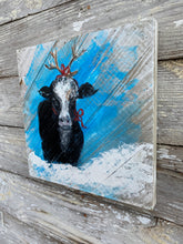 Load image into Gallery viewer, Christmas Cow 2023 #2 - Hand-painted Wooden Square Pallet Wood Wall Decor
