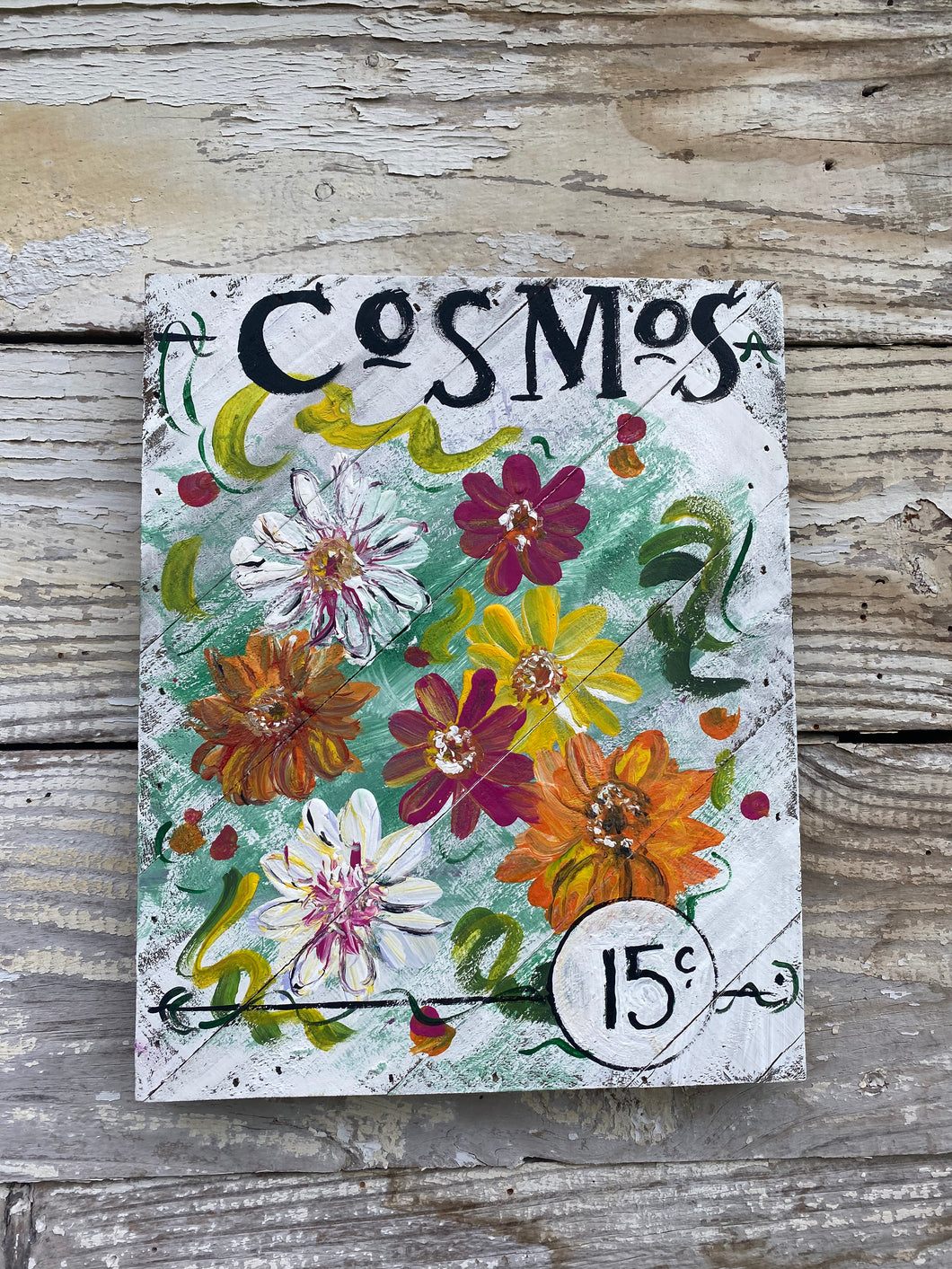 Seed Packet Cosmos- Hand-painted Wooden Square Pallet Wood Wall Decor