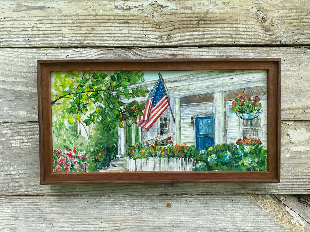 Cottage with Flag. Original reclaimed wood painting.
