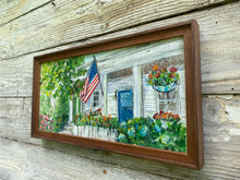Load image into Gallery viewer, Cottage with Flag. Original reclaimed wood painting.
