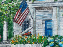 Load image into Gallery viewer, Cottage with Flag #2. Original reclaimed wood painting.
