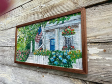 Load image into Gallery viewer, Cottage with Flag #2. Original reclaimed wood painting.
