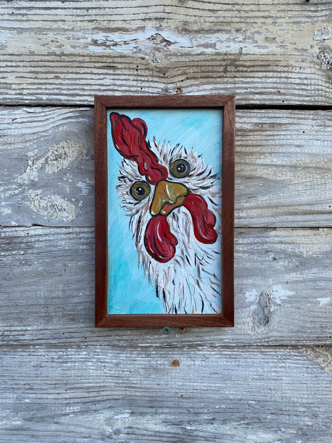 Curious Chicken #7 reclaimed wood painting