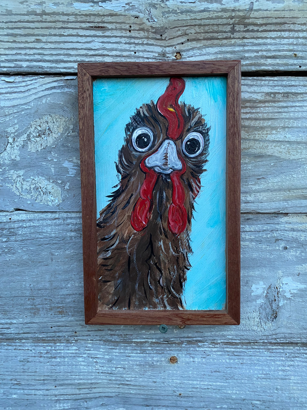 Curious Chicken #8 reclaimed wood painting