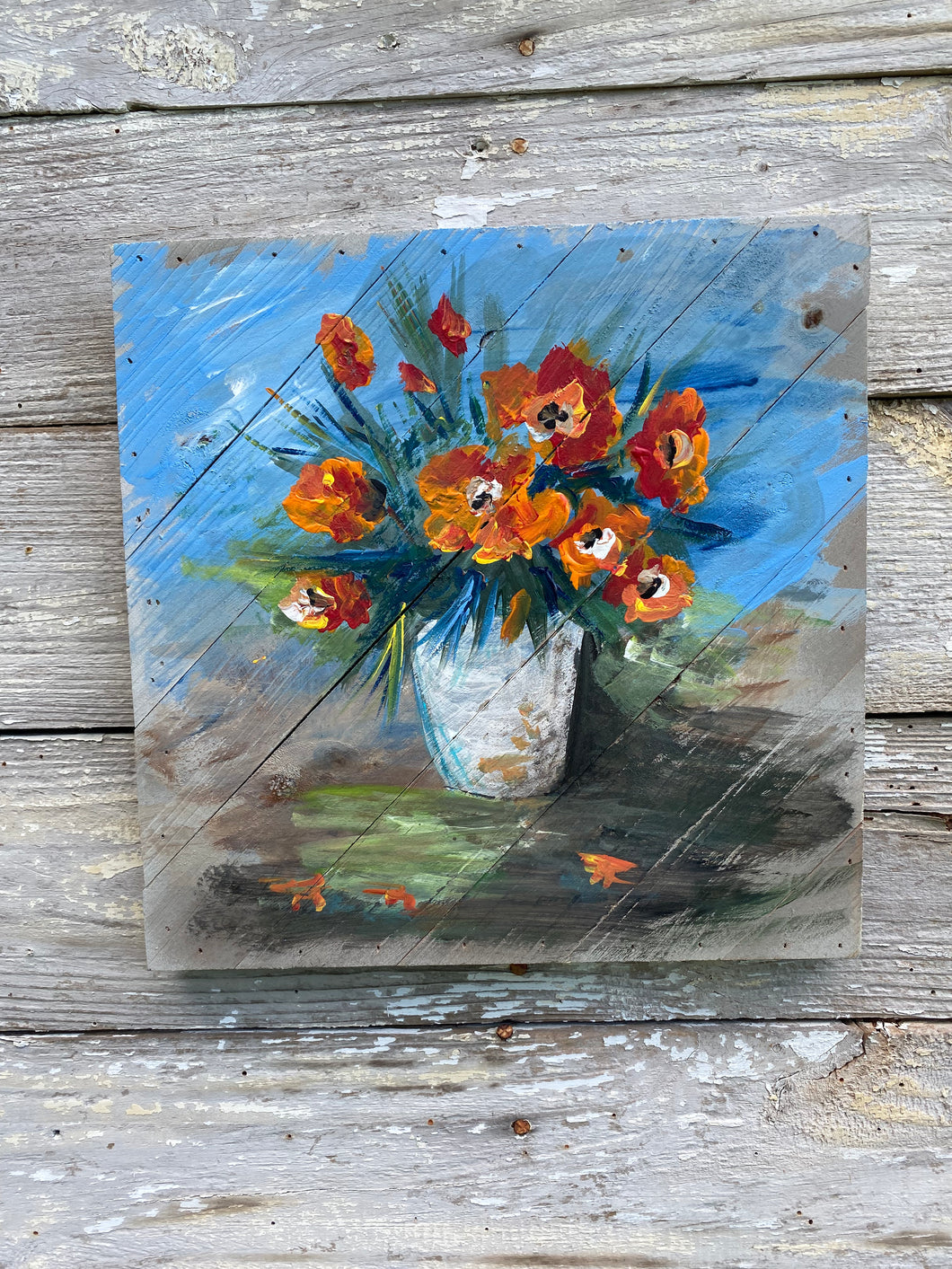 Fall Flowers - Hand-painted Wooden Square Pallet Wood Wall Decor