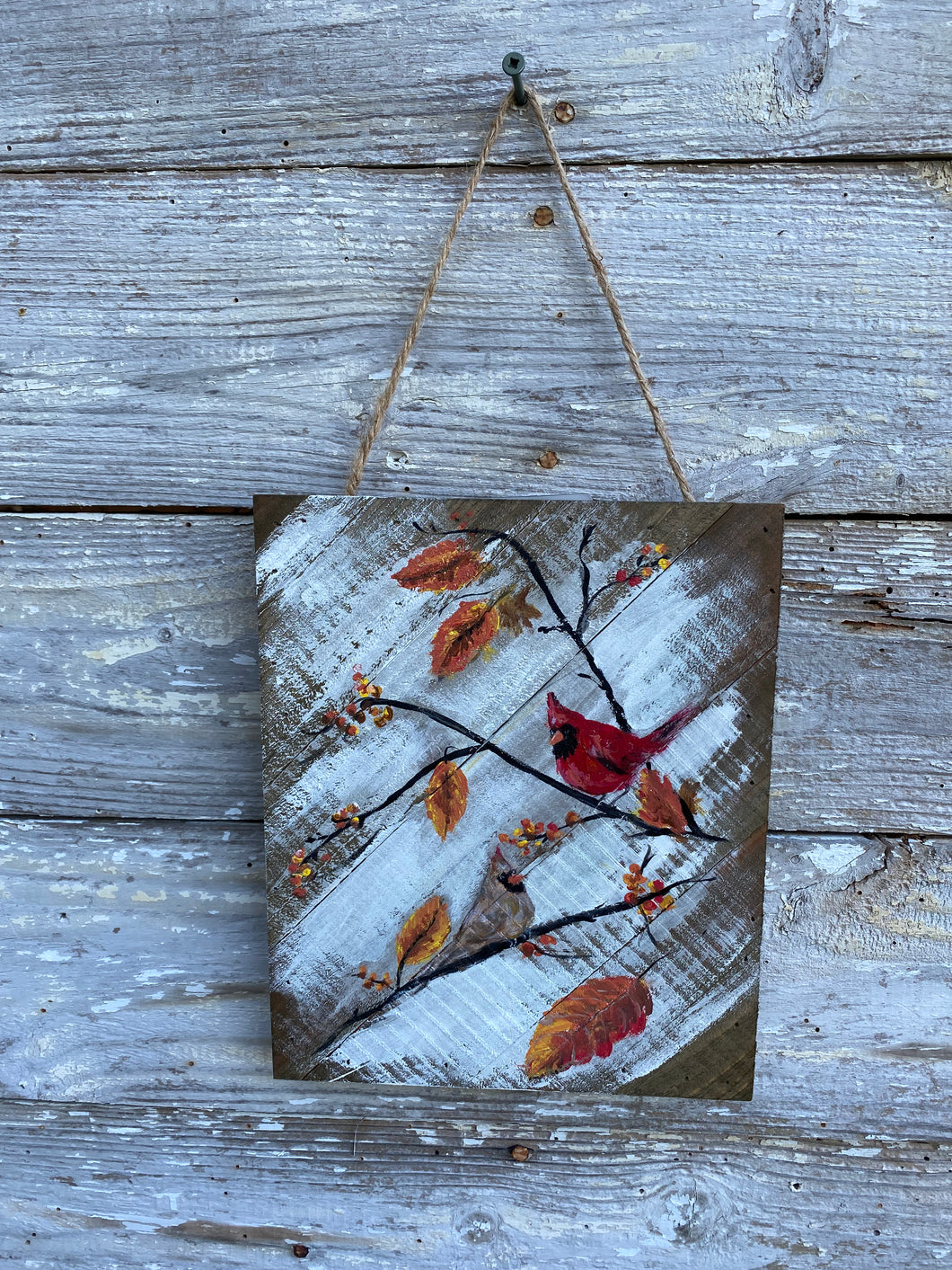 Foliage Friends Cardinal Couple- Hand-painted Wooden Square Pallet Wood Wall Decor