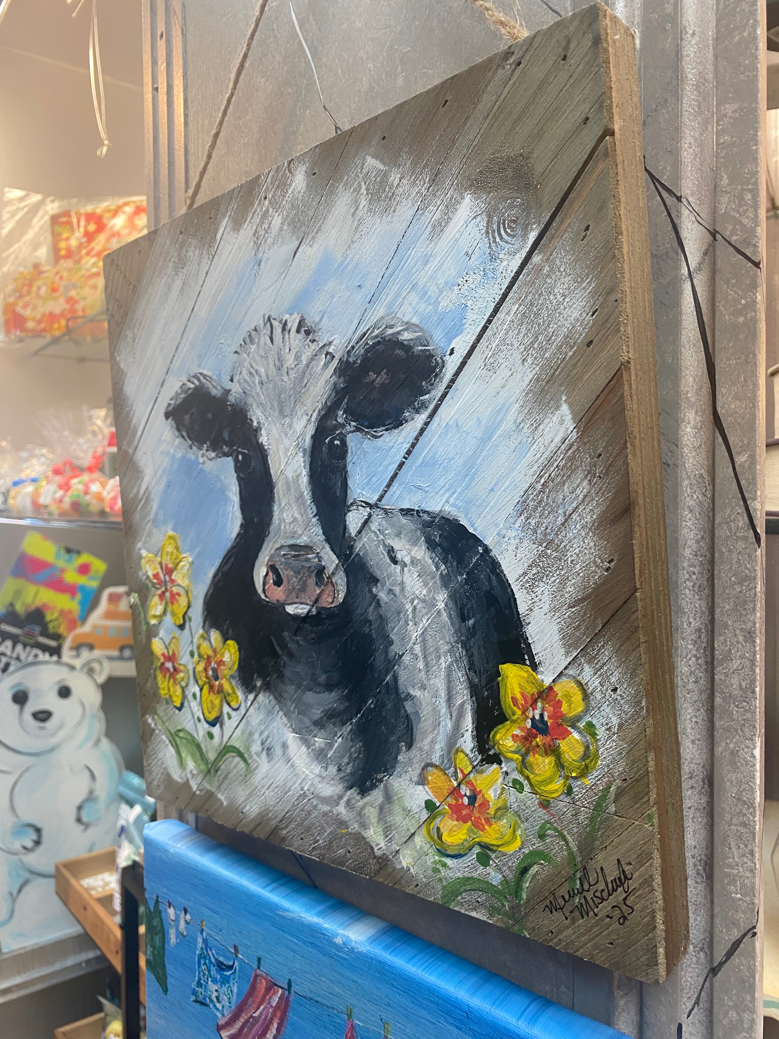 Grumpy Cow Hand-painted Wooden Square Pallet Wood Wall Decor
