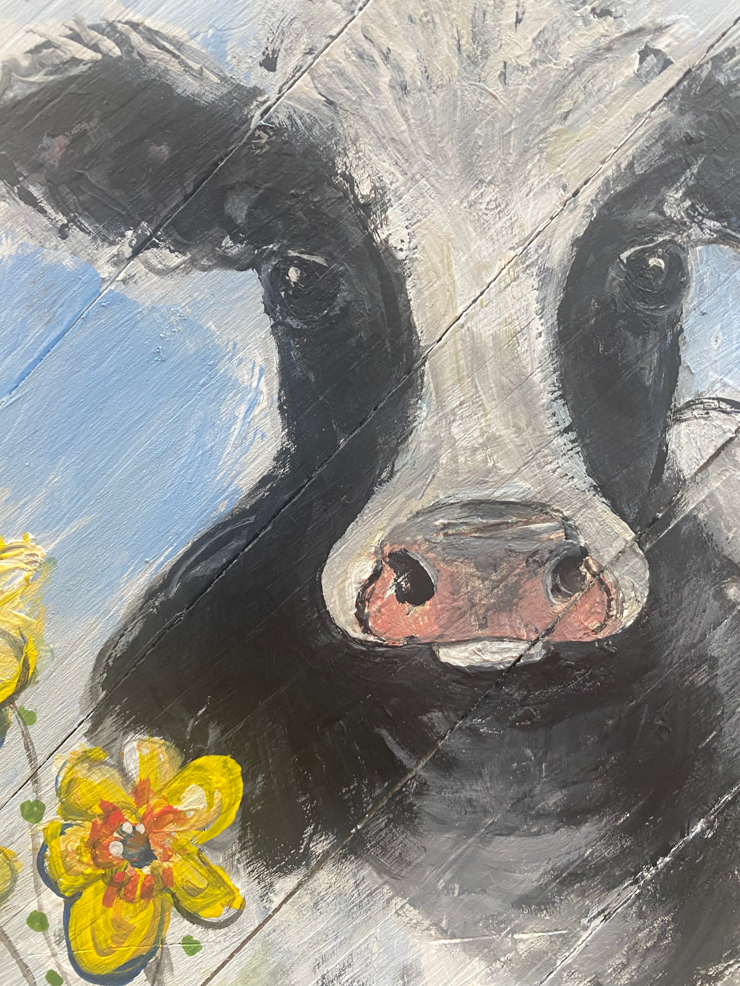 Grumpy Cow Hand-painted Wooden Square Pallet Wood Wall Decor
