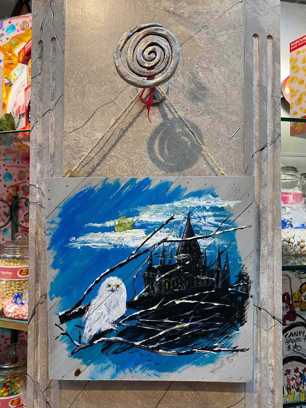 HP  Inspired Artwork Wizarding Owl- Hand-painted Wooden Square Pallet Wood Wall Decor