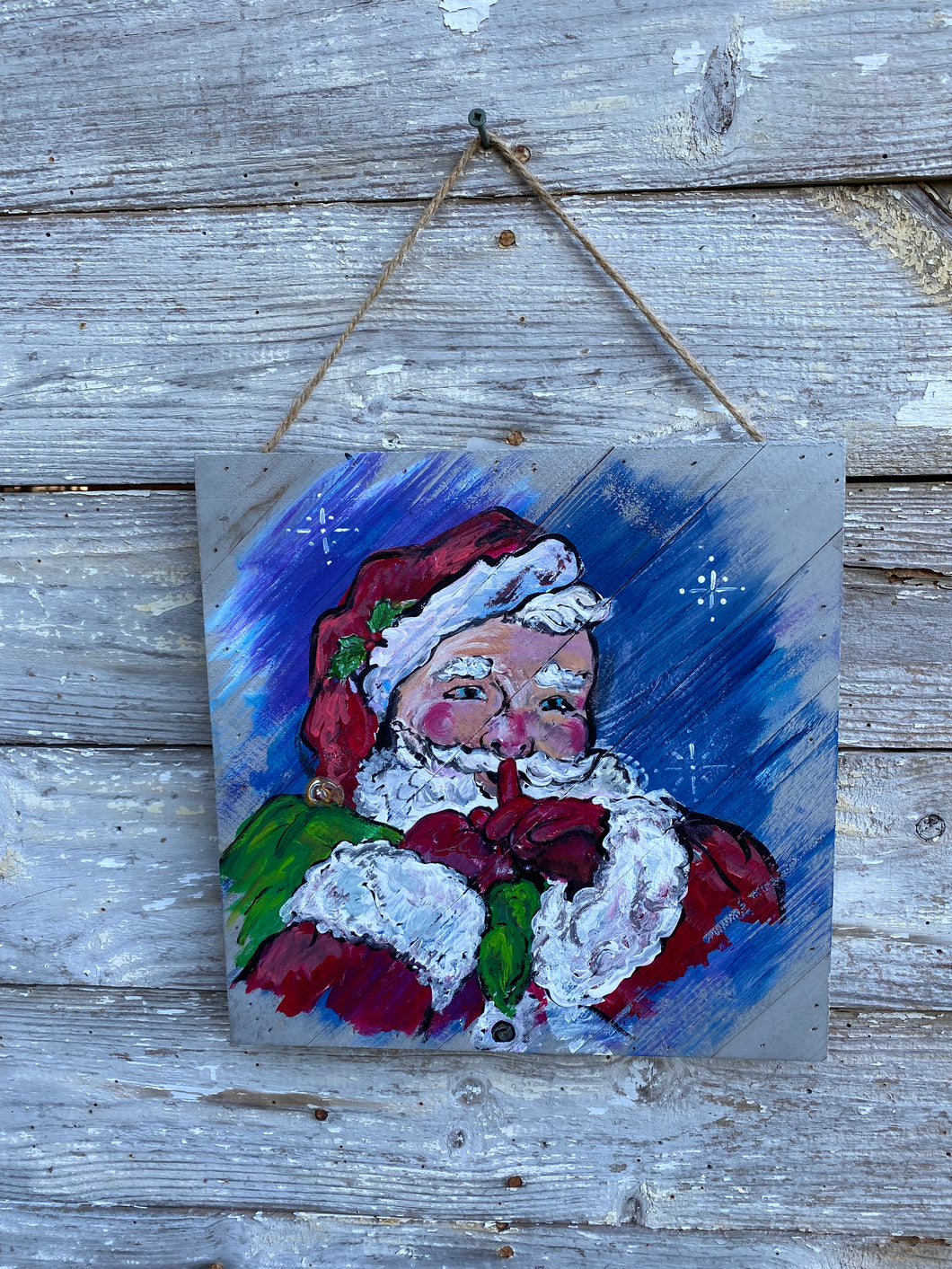 Mischief Santa - Hand-painted Wooden Square Pallet Wood Wall Decor