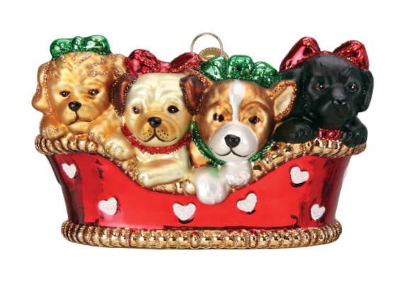 Puppies in a Basket Ornament - Old World Christmas