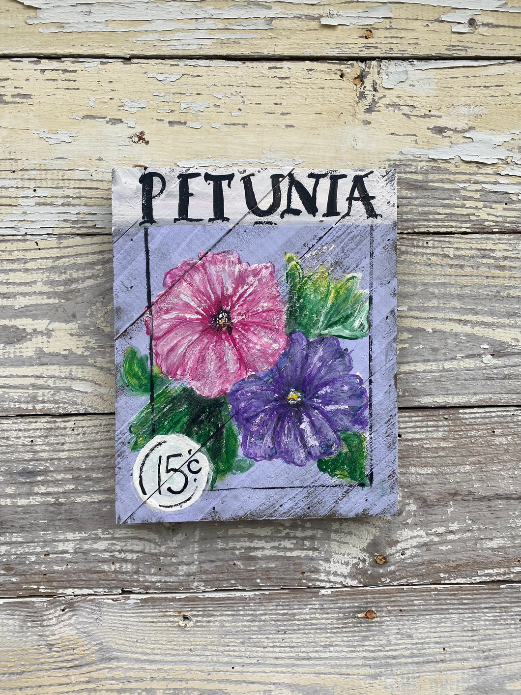Seed Packet Petunias- Hand-painted Wooden Square Pallet Wood Wall Decor