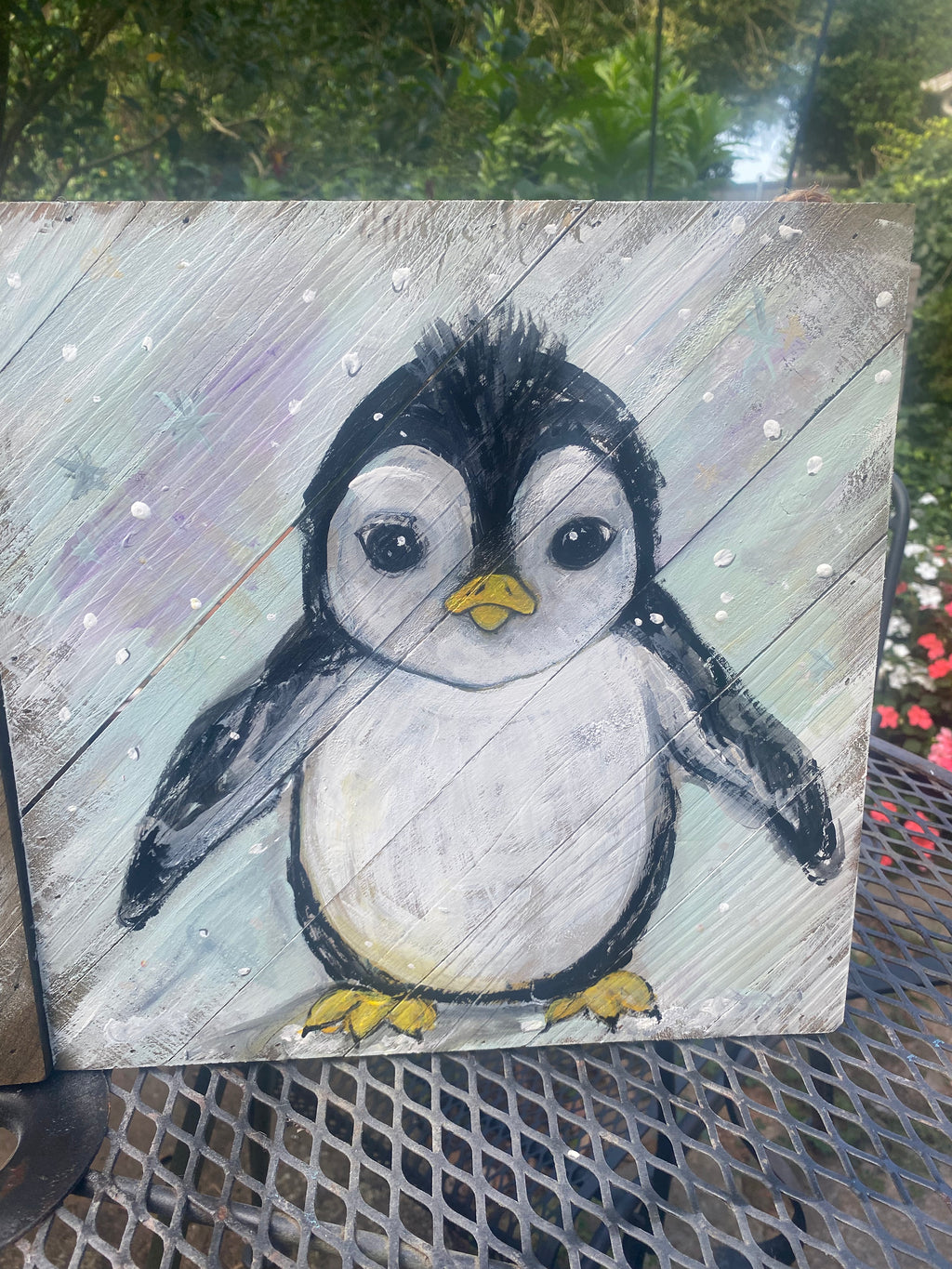 Pudgy Baby Penguin-painted Wooden Square Pallet Wood Wall Decor
