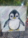 Pudgy Baby Penguin-painted Wooden Square Pallet Wood Wall Decor
