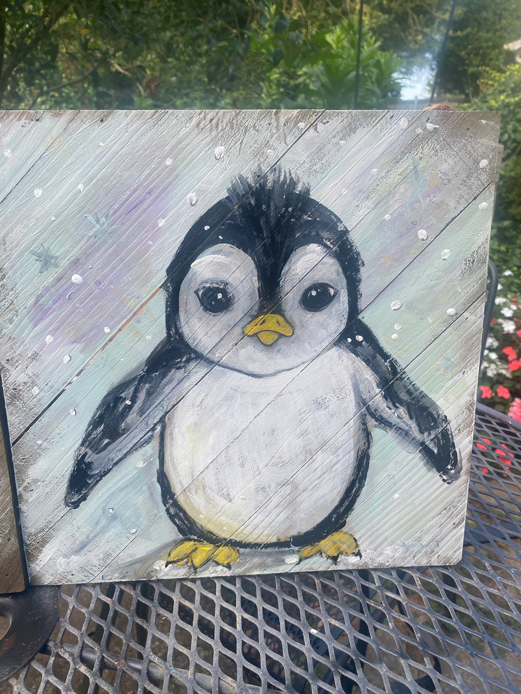 Pudgy Baby Penguin-painted Wooden Square Pallet Wood Wall Decor