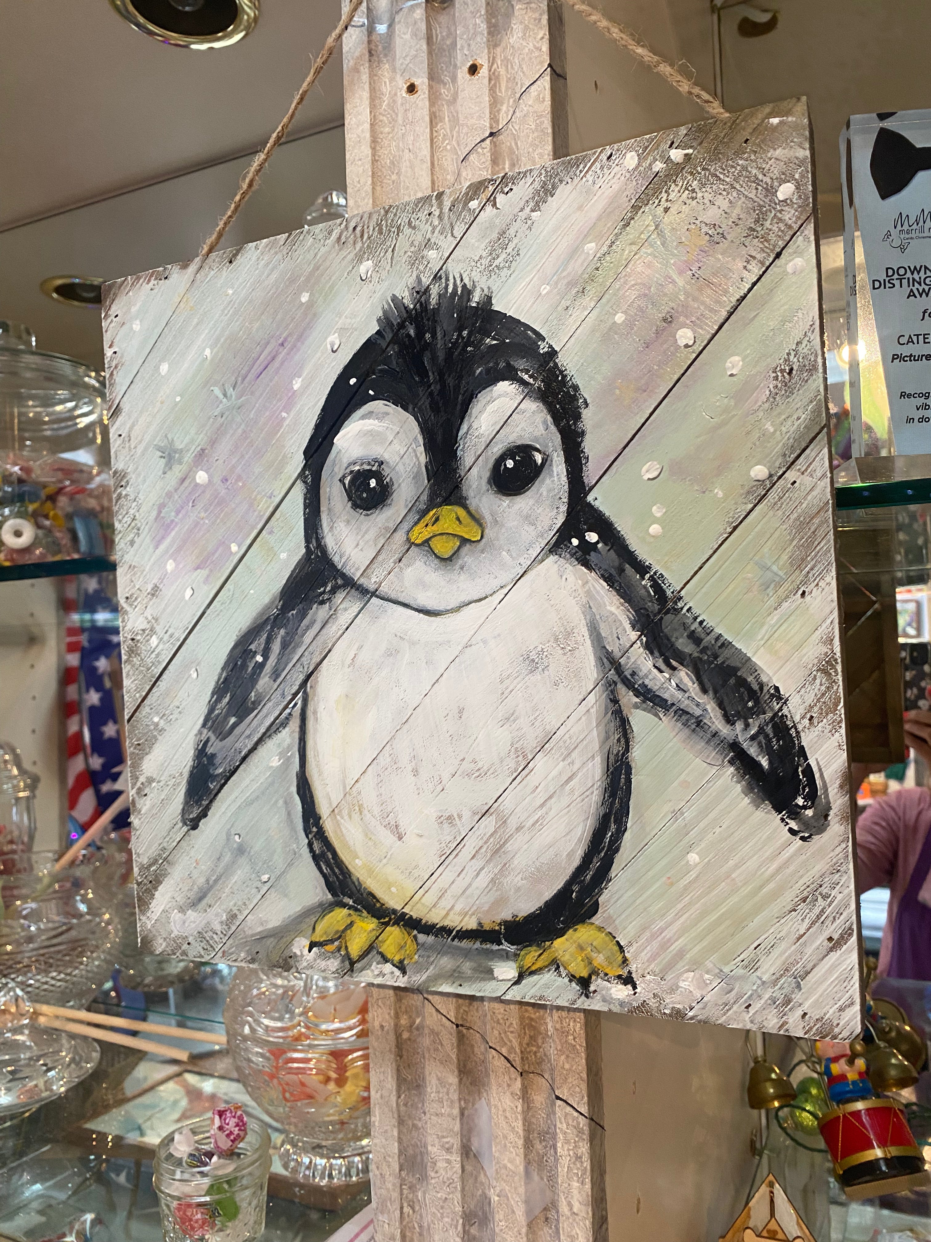 Pudgy Baby Penguin-painted Wooden Square Pallet Wood Wall Decor