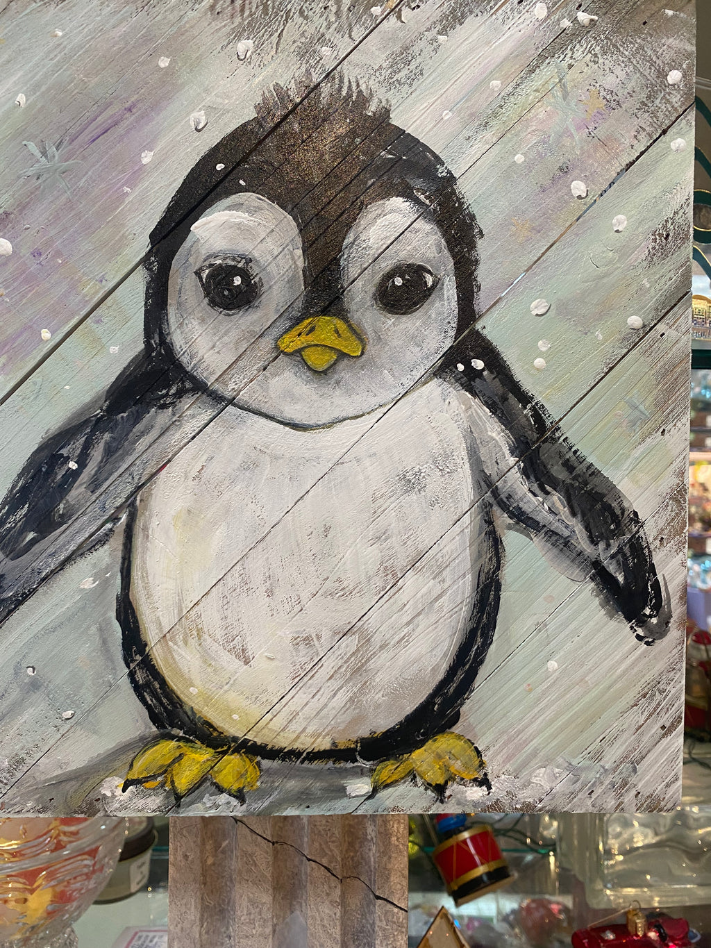 Pudgy Baby Penguin-painted Wooden Square Pallet Wood Wall Decor