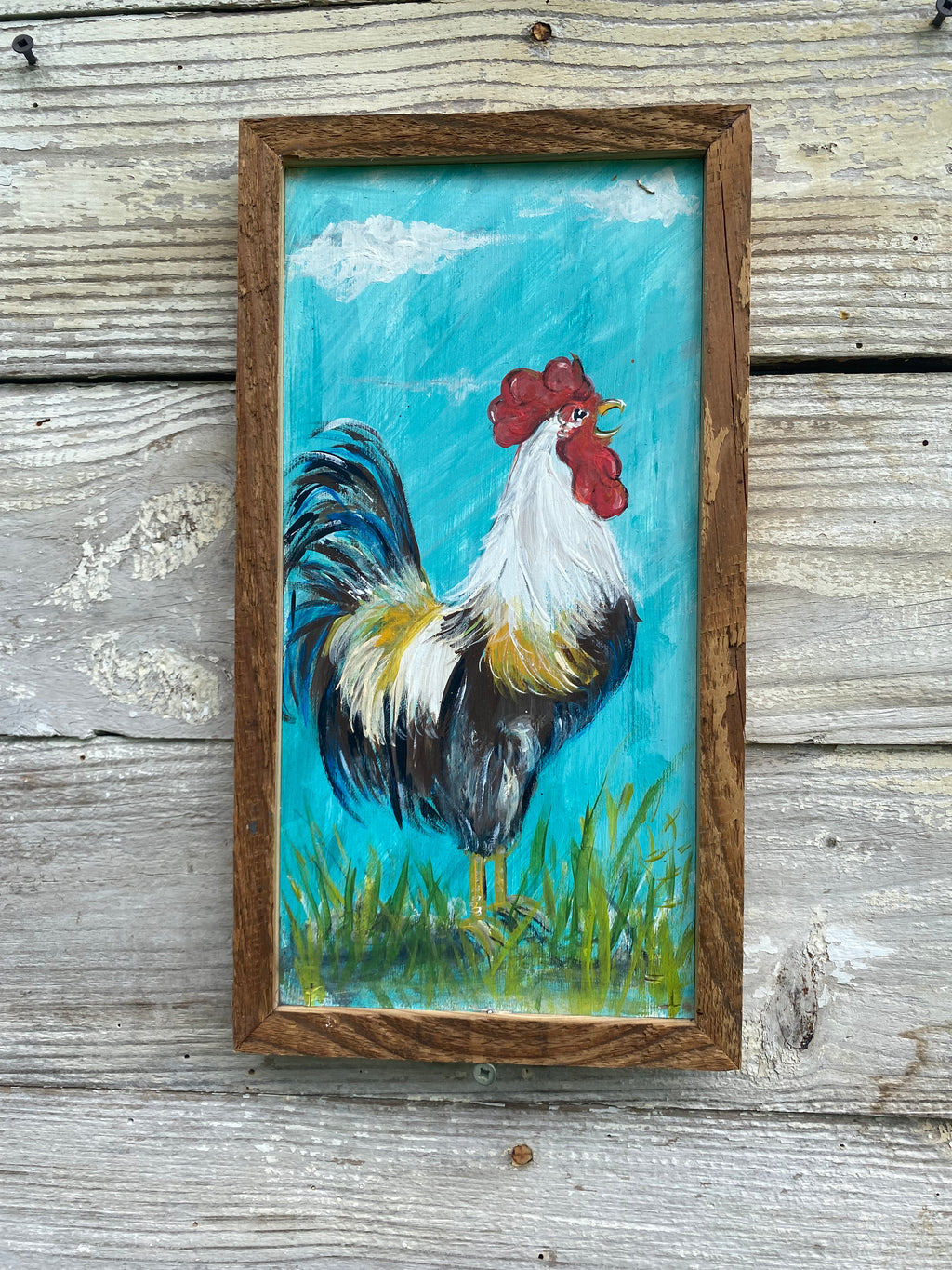 Rooster #23 Original Framed Painting on Reclaimed Wood