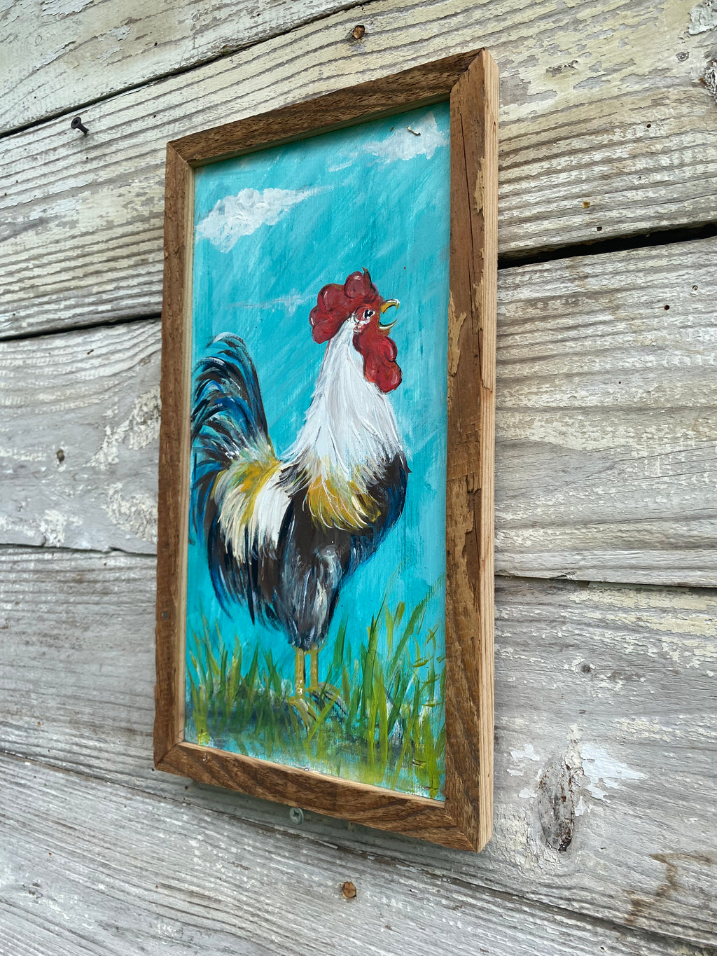 Rooster #23 Original Framed Painting on Reclaimed Wood