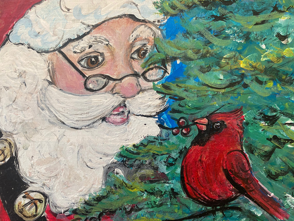 Original reclaimed wood painting  - Santa and Cardinal