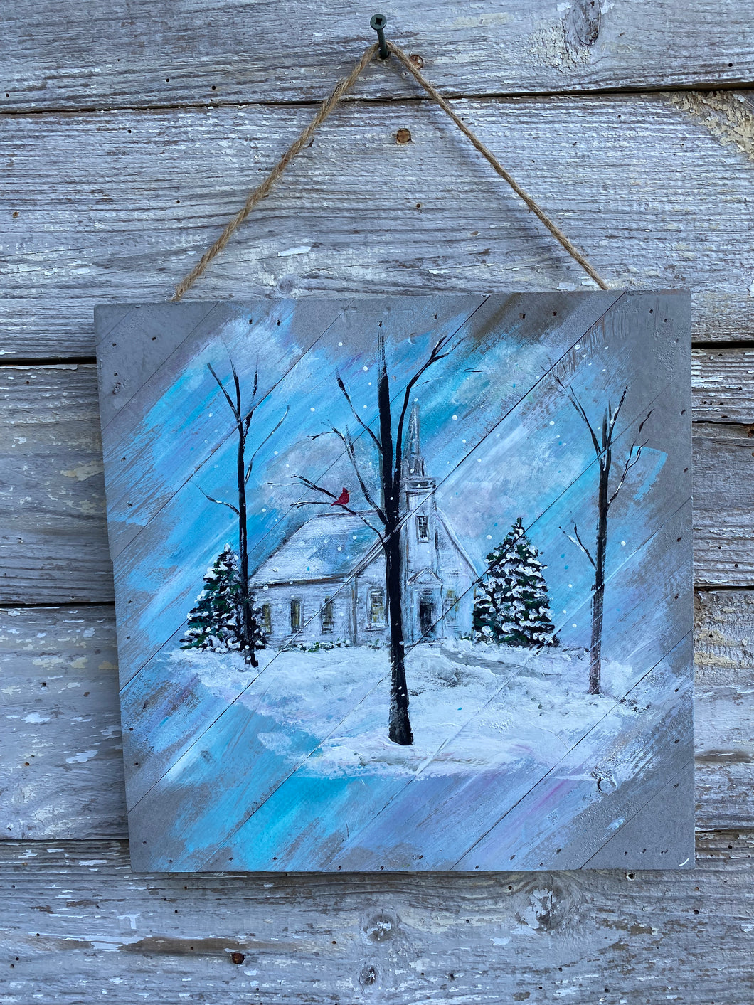 Snowy Chapel - Hand-painted Wooden Square Pallet Wood Wall Decor