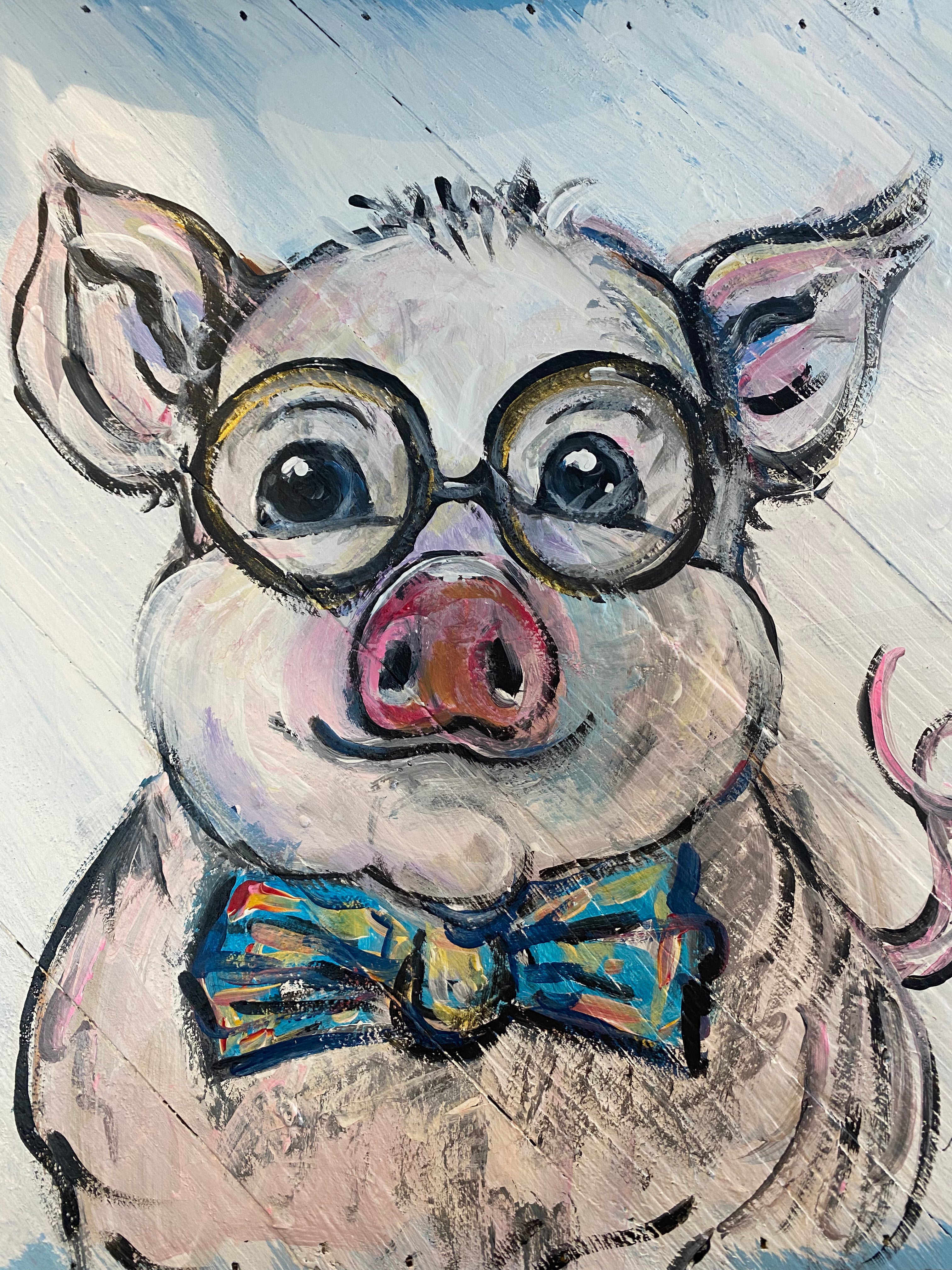 Studious Pig - Original painting on pallet wood decor