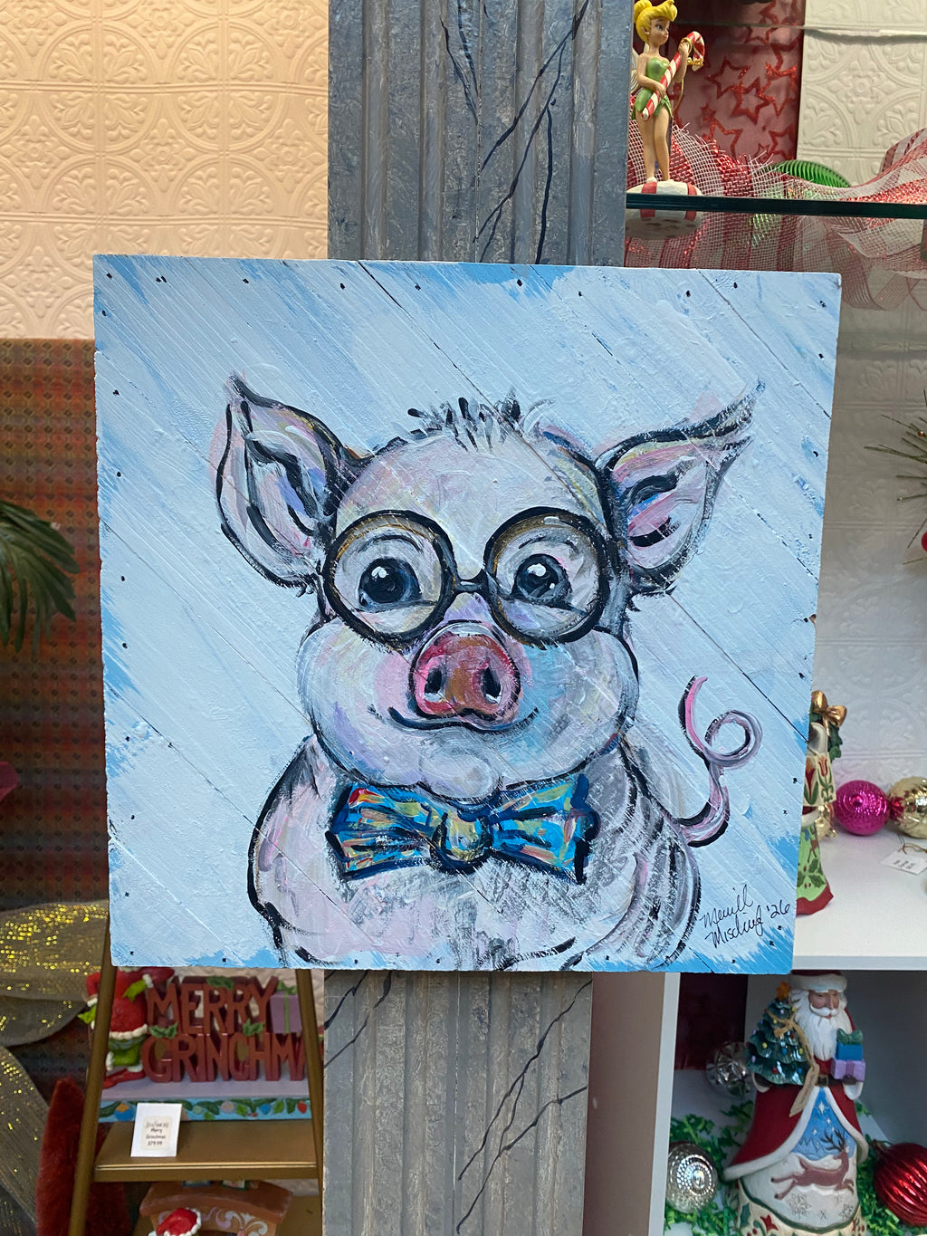 Studious Pig - Original painting on pallet wood decor