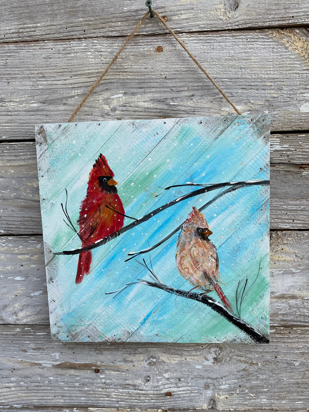 Winter Cardinal Couple #16- Hand-painted Wooden Square Pallet Wood Wall Decor