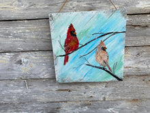 Load image into Gallery viewer, Winter Cardinal Couple #16- Hand-painted Wooden Square Pallet Wood Wall Decor
