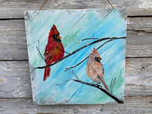 Load image into Gallery viewer, Winter Cardinal Couple #16- Hand-painted Wooden Square Pallet Wood Wall Decor
