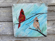 Load image into Gallery viewer, Winter Cardinal Couple #16- Hand-painted Wooden Square Pallet Wood Wall Decor
